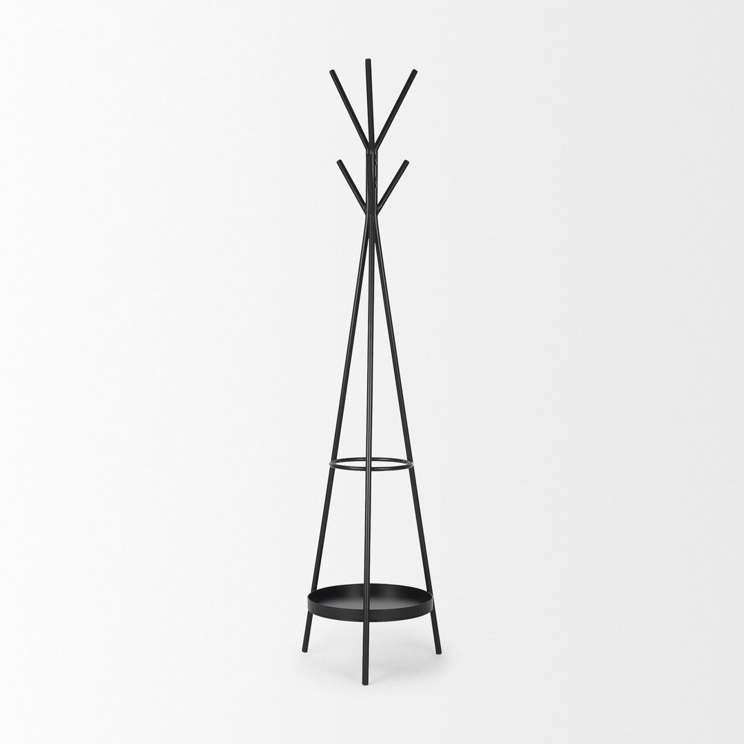Everett Matte Black Metal w/ Two Metal Shelves Coat Rack Decor Mercana