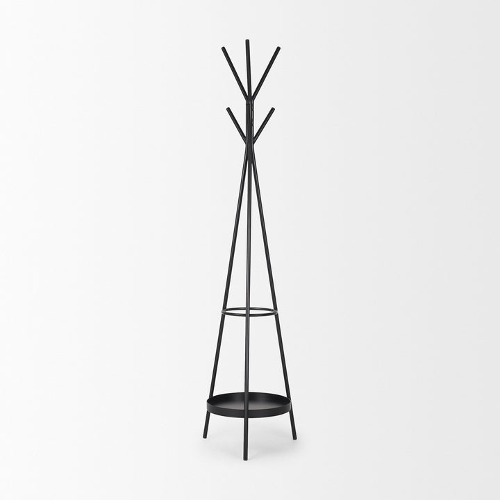 Everett Matte Black Metal w/ Two Metal Shelves Coat Rack Decor Mercana