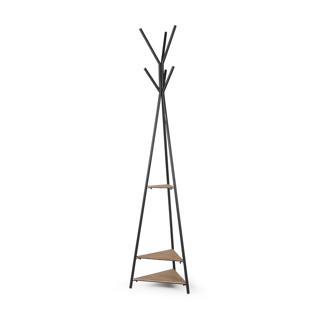 Everett Matte Black Metal w/ Two Wood Shelves Coat Rack Decor Mercana