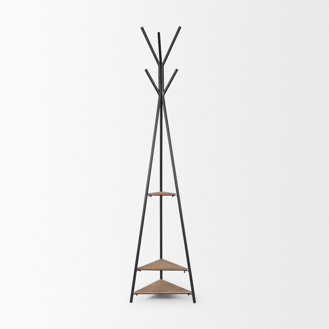 Everett Matte Black Metal w/ Two Wood Shelves Coat Rack Decor Mercana