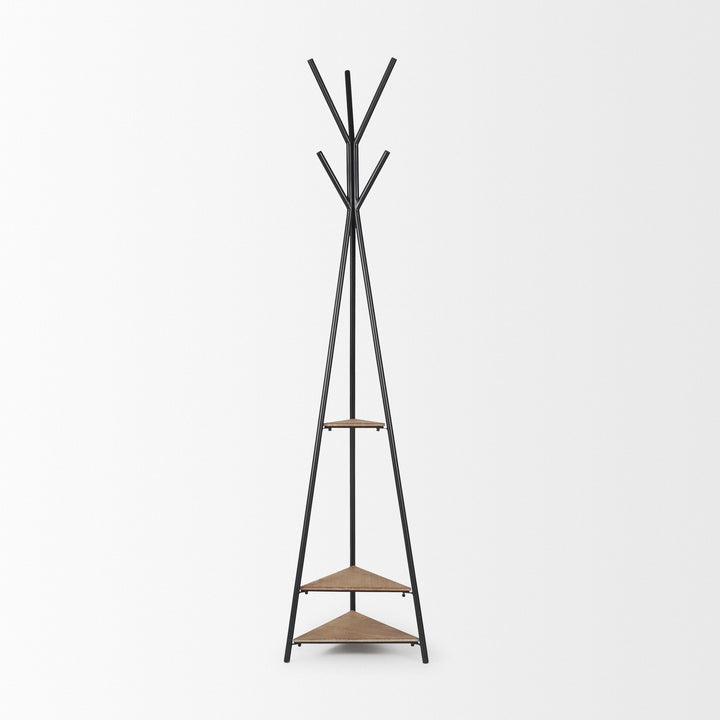 Everett Matte Black Metal w/ Two Wood Shelves Coat Rack Decor Mercana