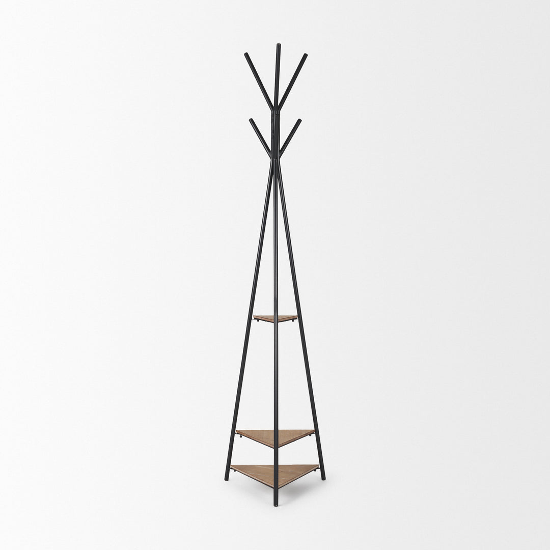 Everett Matte Black Metal w/ Two Wood Shelves Coat Rack Decor Mercana