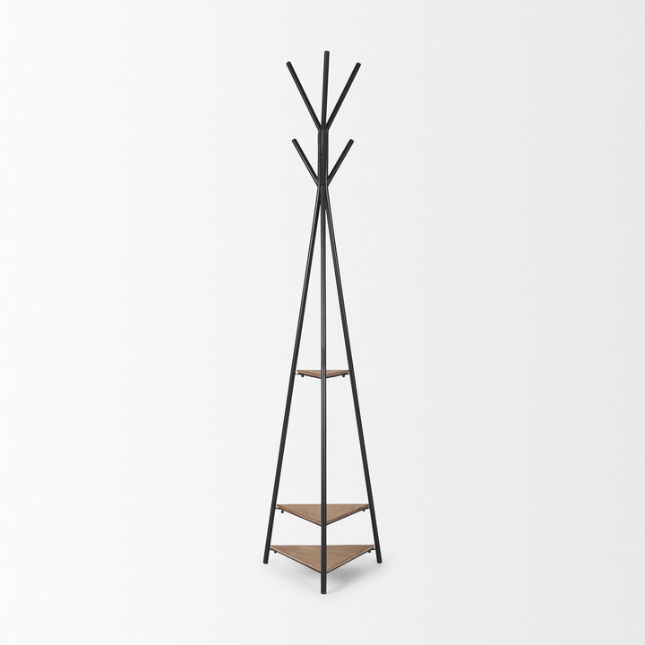 Everett Matte Black Metal w/ Two Wood Shelves Coat Rack Decor Mercana