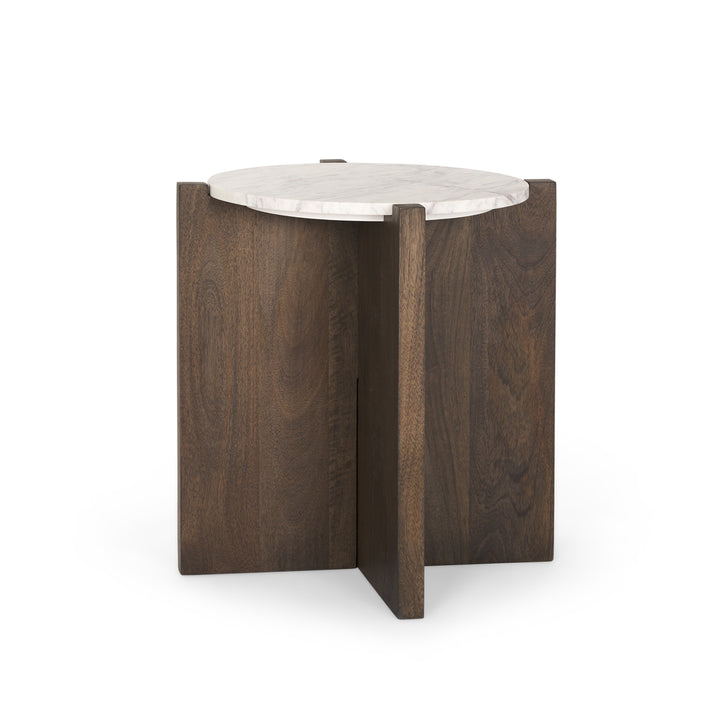 Bianca Dark Brown Wood w/ Marble Round Accent Table Dining Room Mercana
