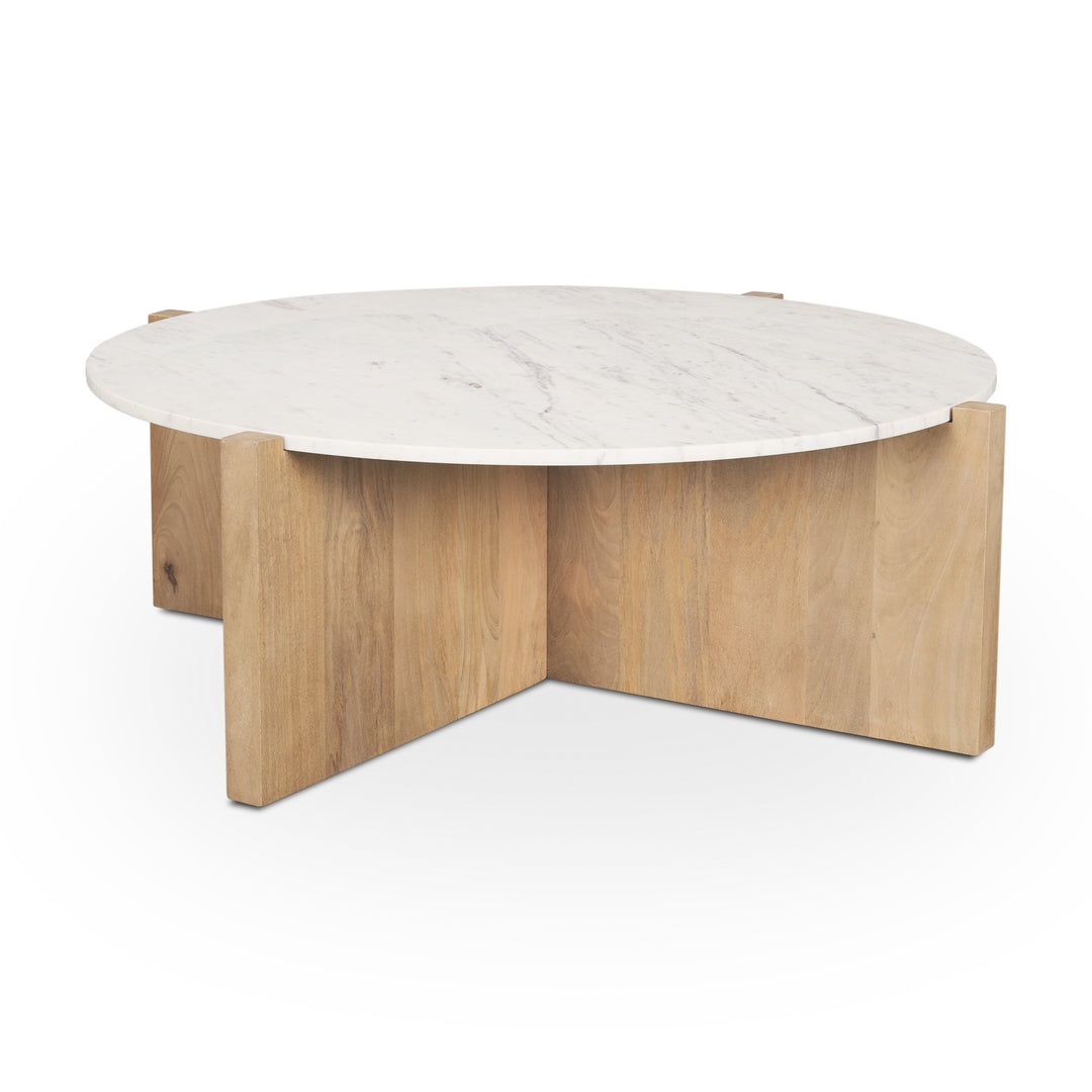 Bianca Light Brown Wood w/ Round Marble Top Coffee Table Living Room Mercana