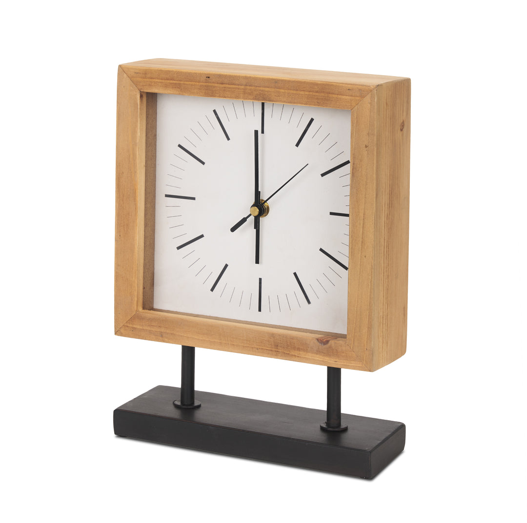 Renaya Light Brown Wood w/ Matte Black Metal Base Table Clock Decor Mercana