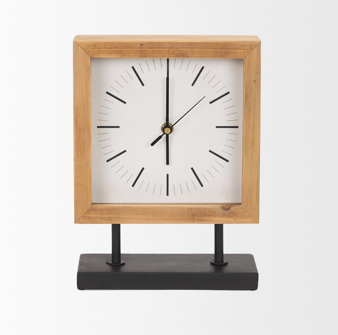 Renaya Light Brown Wood w/ Matte Black Metal Base Table Clock Decor Mercana