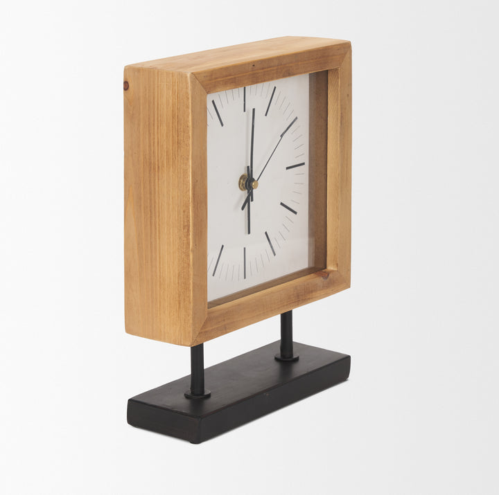 Renaya Light Brown Wood w/ Matte Black Metal Base Table Clock Decor Mercana