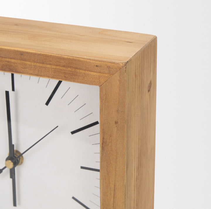 Renaya Light Brown Wood w/ Matte Black Metal Base Table Clock Decor Mercana