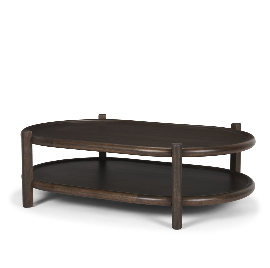 Romi Dark Brown Wood w/ Bottom Shelf Oval Coffee Table Living Room Mercana