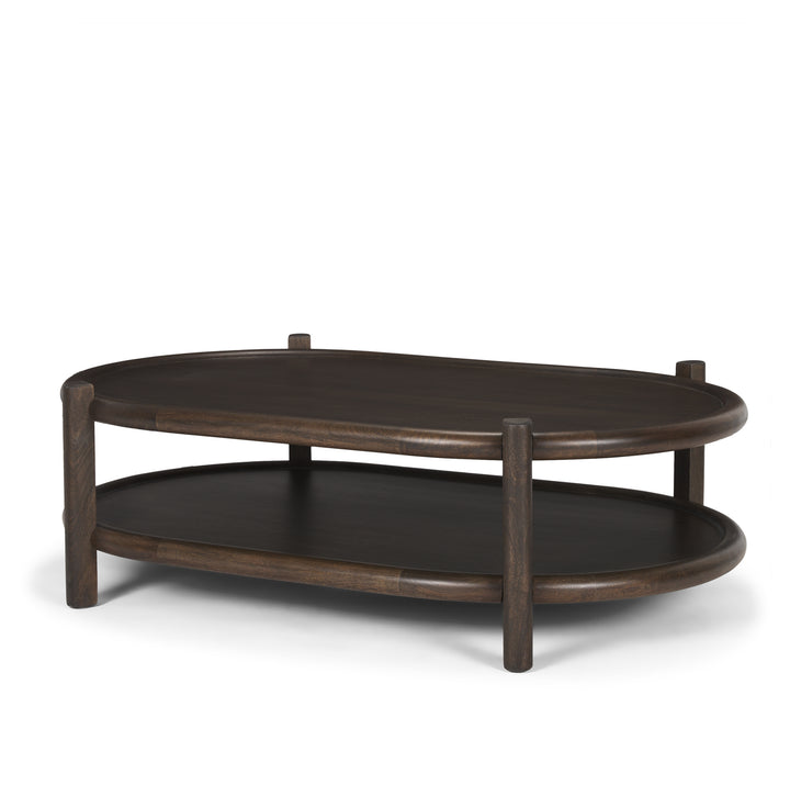 Romi Dark Brown Wood w/ Bottom Shelf Oval Coffee Table Living Room Mercana