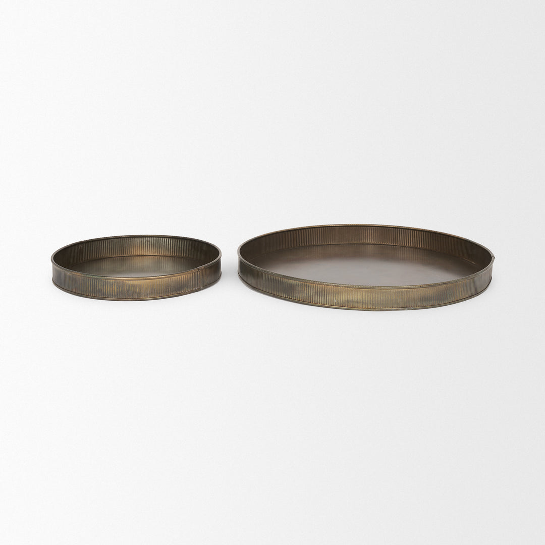 Varun Round Antiqued Brass Metal Tray (Set of 2) Decor Mercana