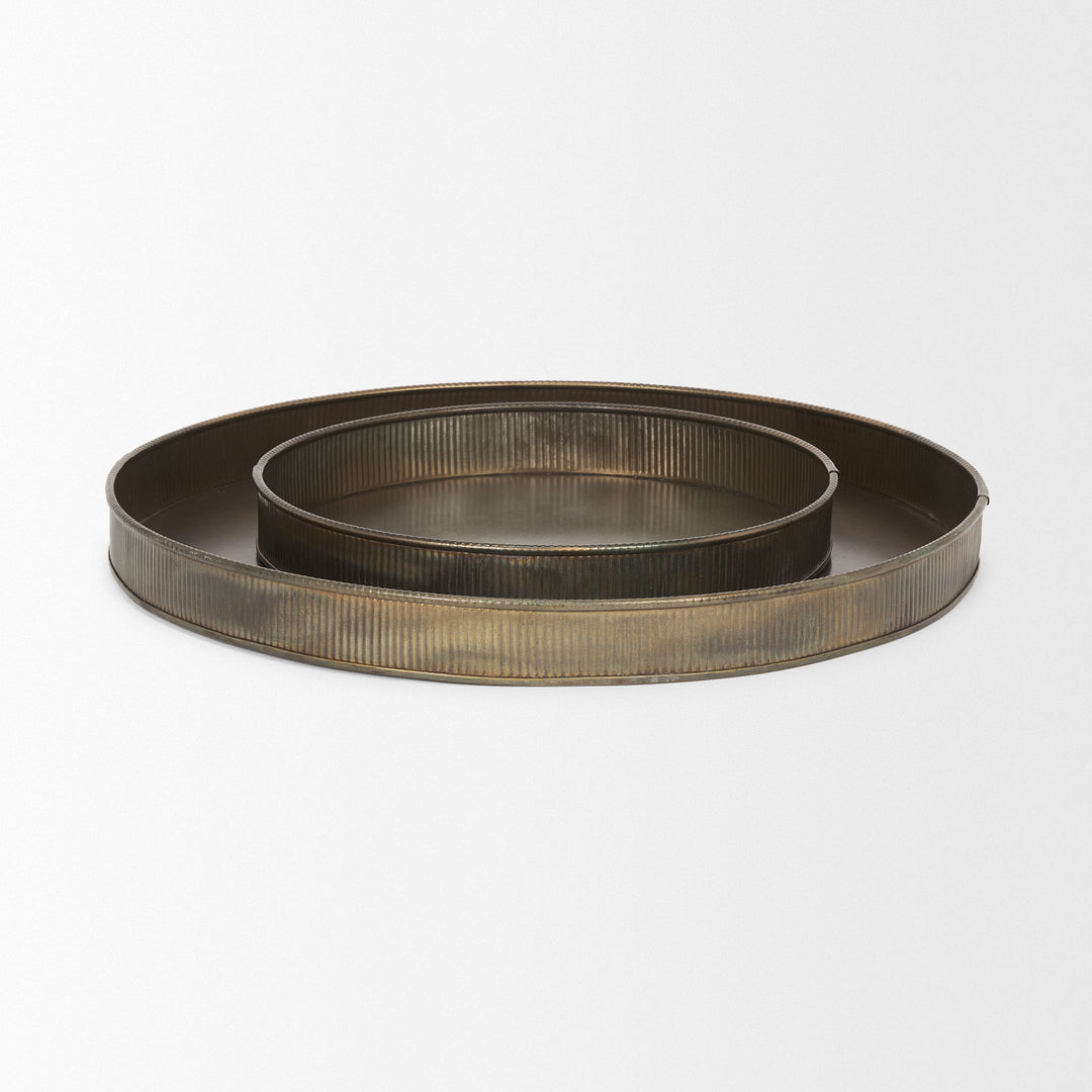 Varun Round Antiqued Brass Metal Tray (Set of 2) Decor Mercana