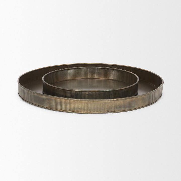 Varun Round Antiqued Brass Metal Tray (Set of 2) Decor Mercana