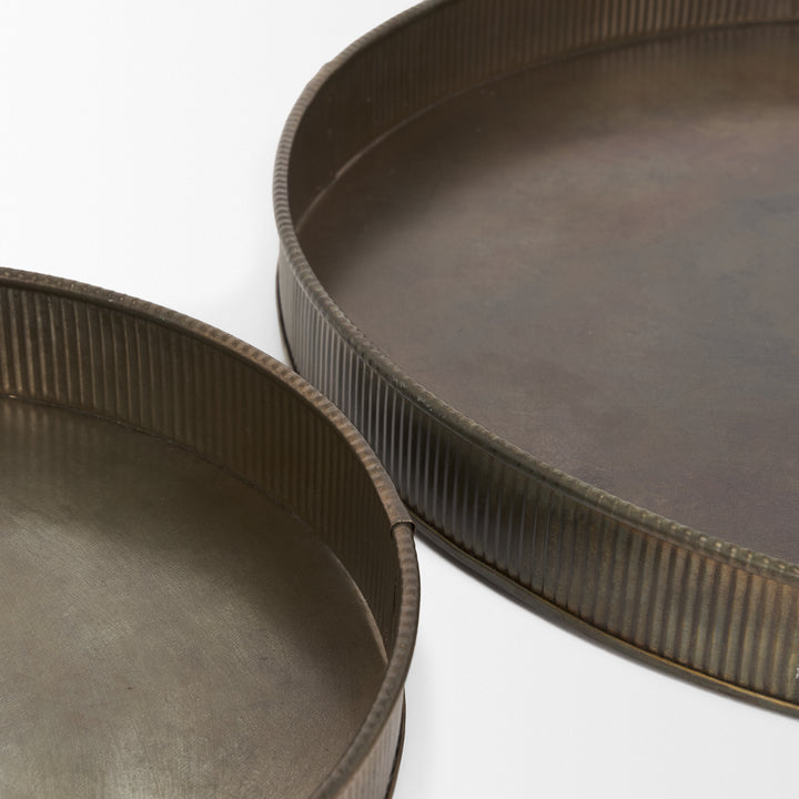 Varun Round Antiqued Brass Metal Tray (Set of 2) Decor Mercana