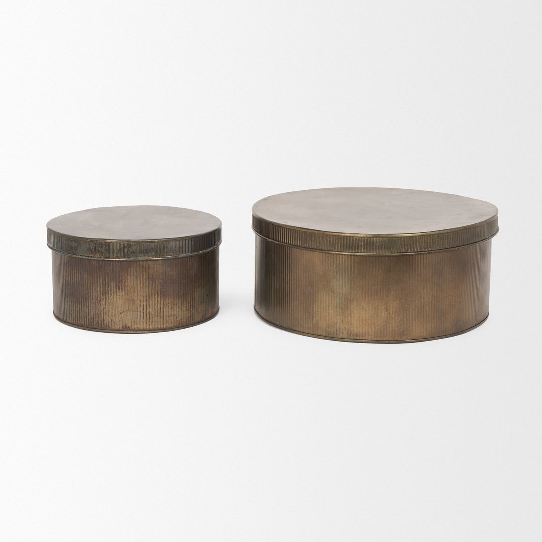Josephine Round Antique Gold Metal Box (Set of 2) Decor Mercana