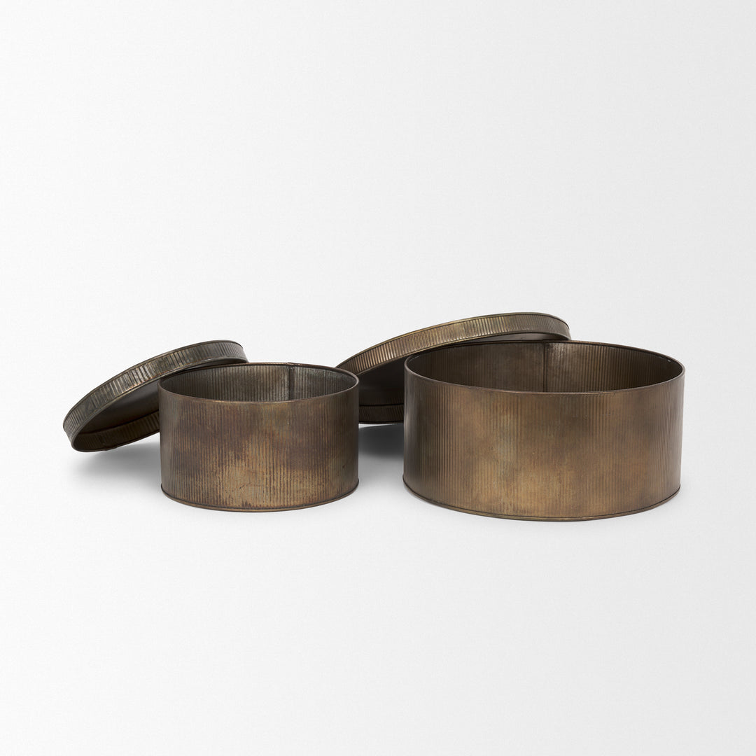 Josephine Round Antique Gold Metal Box (Set of 2) Decor Mercana