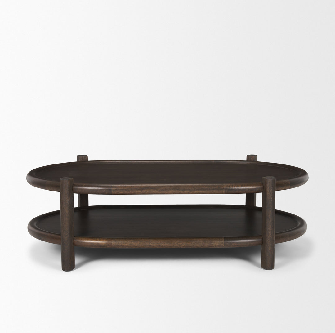 Romi Dark Brown Wood w/ Bottom Shelf Oval Coffee Table Living Room Mercana