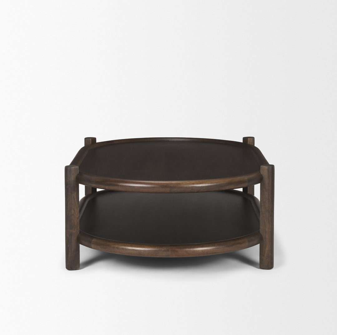 Romi Dark Brown Wood w/ Bottom Shelf Oval Coffee Table Living Room Mercana