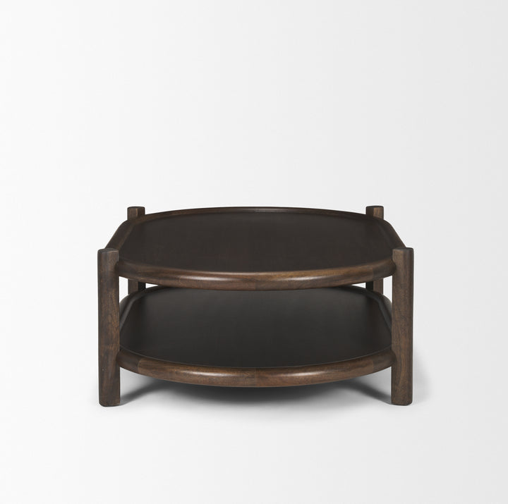 Romi Dark Brown Wood w/ Bottom Shelf Oval Coffee Table Living Room Mercana