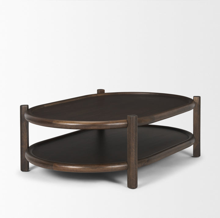 Romi Dark Brown Wood w/ Bottom Shelf Oval Coffee Table Living Room Mercana