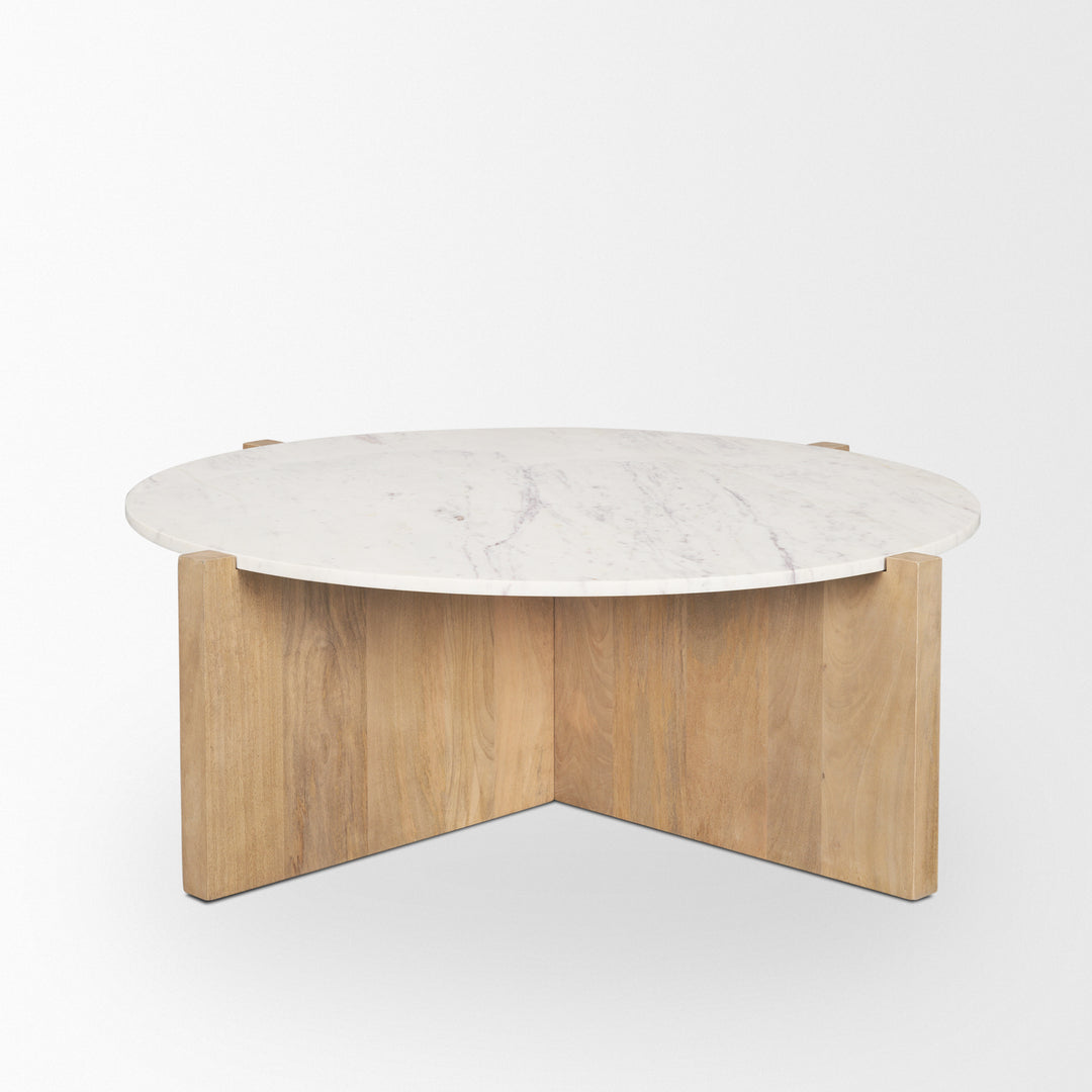 Bianca Light Brown Wood w/ Round Marble Top Coffee Table Living Room Mercana