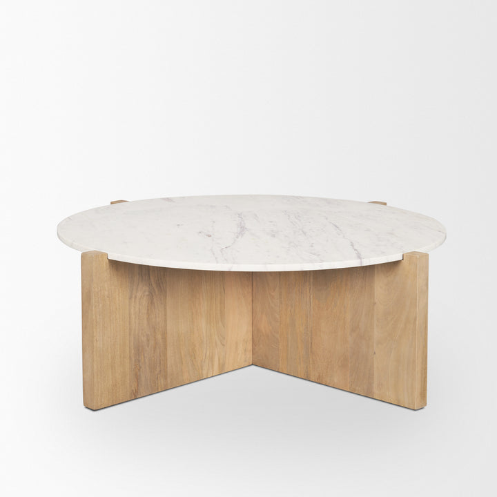 Bianca Light Brown Wood w/ Round Marble Top Coffee Table Living Room Mercana