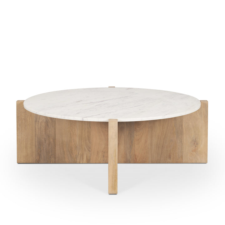 Bianca Light Brown Wood w/ Round Marble Top Coffee Table Living Room Mercana
