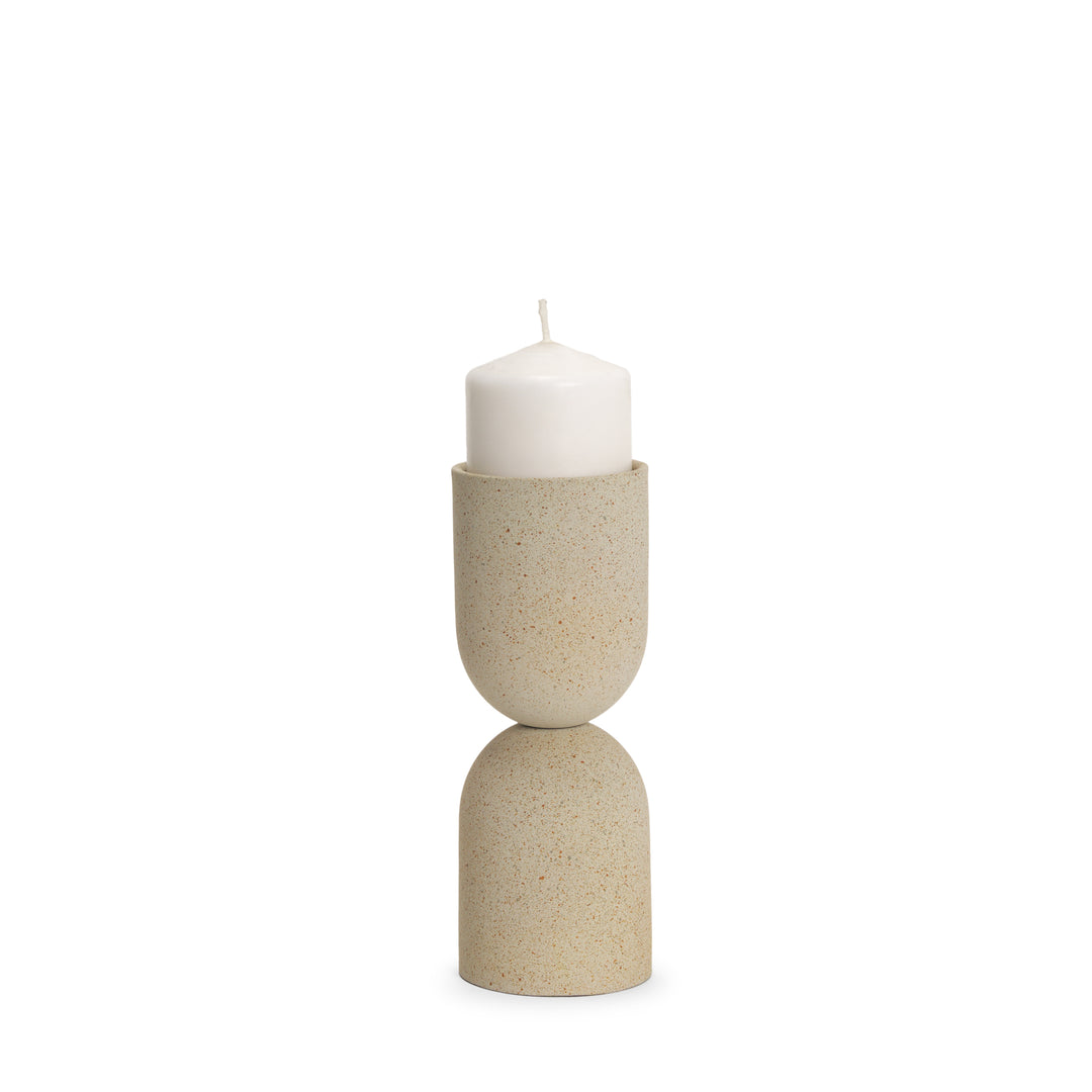 Qamra Short Beige Textured Metal Pillar Candle Holder Decor Mercana