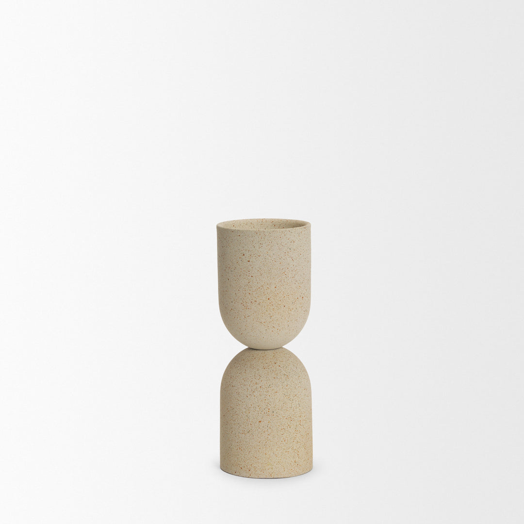 Qamra Short Beige Textured Metal Pillar Candle Holder Decor Mercana