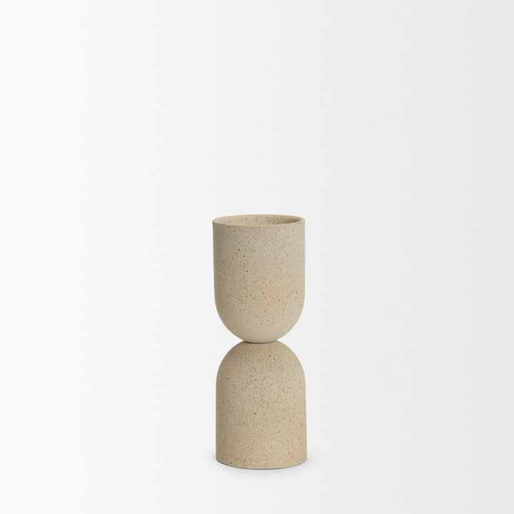 Qamra Short Beige Textured Metal Pillar Candle Holder Decor Mercana