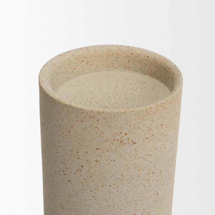 Qamra Short Beige Textured Metal Pillar Candle Holder Decor Mercana