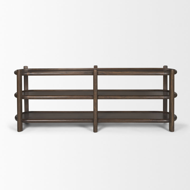 Romi Dark Brown Wood w/ 3 Shelves Oval Console Table Dining Room Mercana