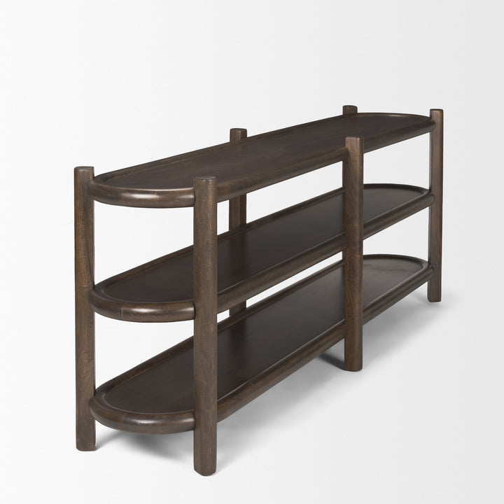 Romi Dark Brown Wood w/ 3 Shelves Oval Console Table Dining Room Mercana