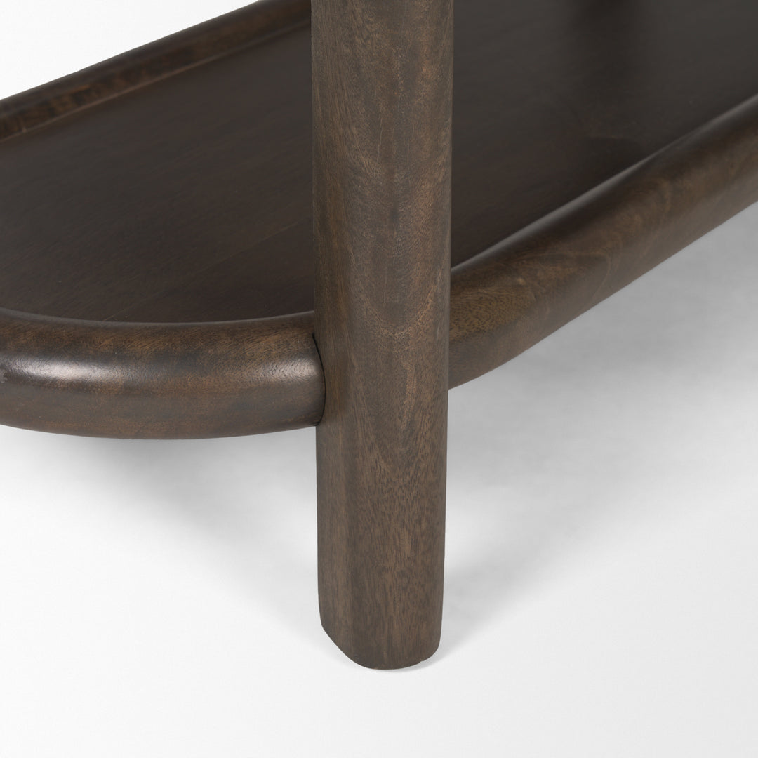 Romi Dark Brown Wood w/ 3 Shelves Oval Console Table Dining Room Mercana