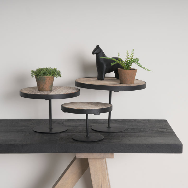 Lorenz (Set of 3) Light Brown Wood W/ Black Metal Base Round Decorative Display Stands Decor Mercana