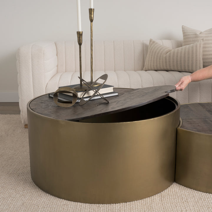 Eclipse Antique Brass Metal Drum Base w/ Dark Brown Wood Top Nested Coffee Table Living Room Mercana