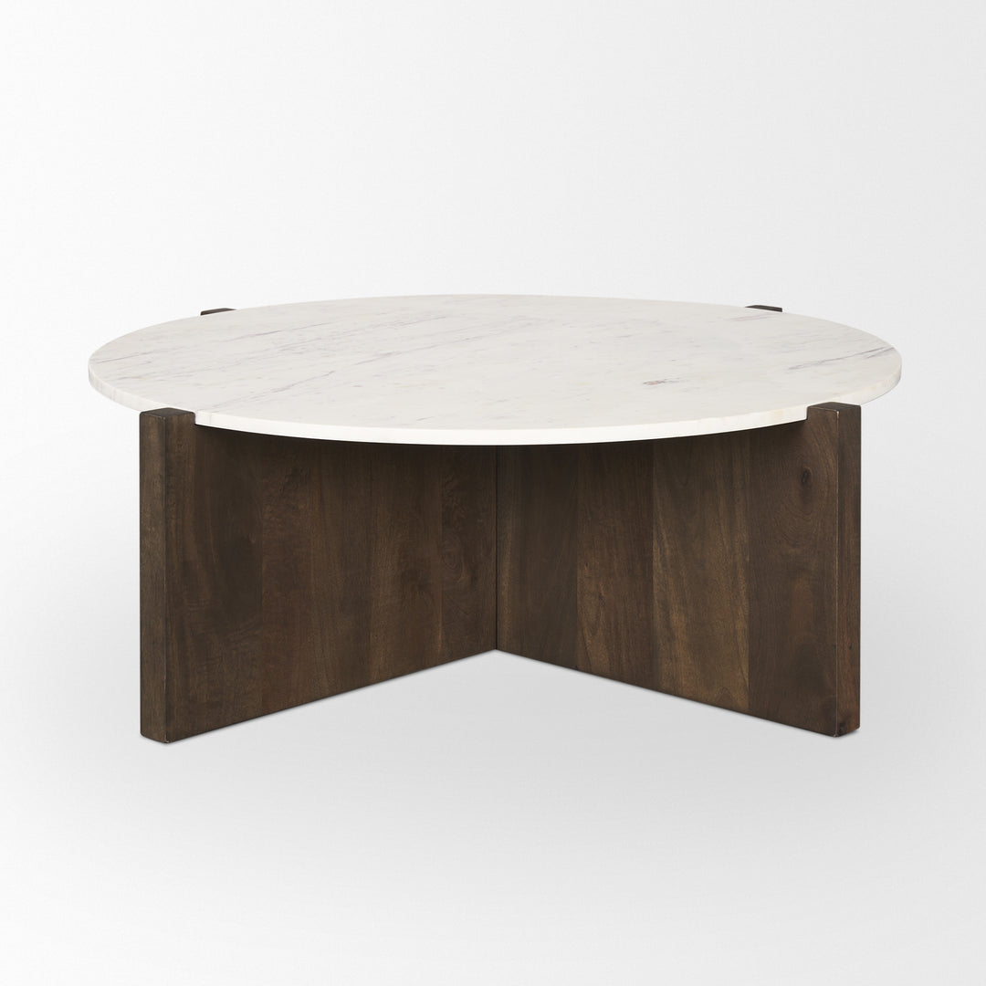 Bianca Dark Brown Wood w/ Marble Round Top Coffee Table Living Room Mercana