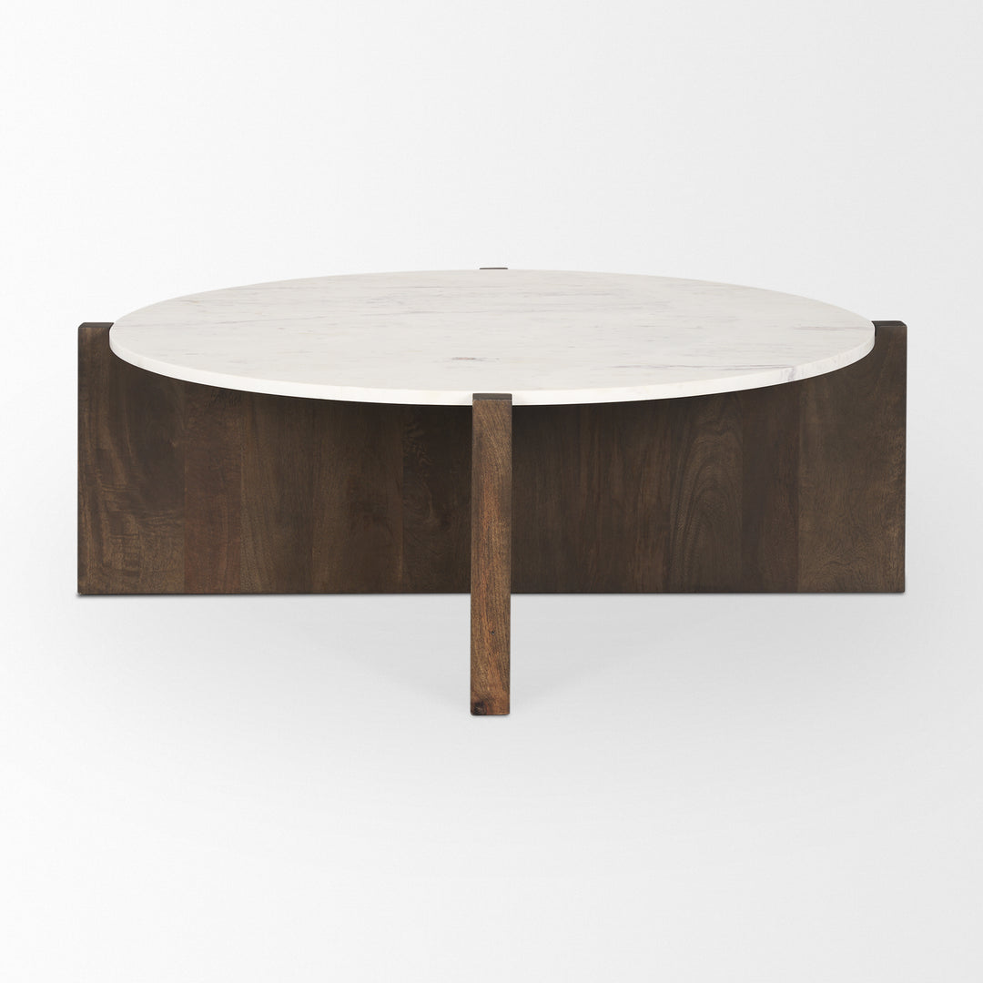 Bianca Dark Brown Wood w/ Marble Round Top Coffee Table Living Room Mercana
