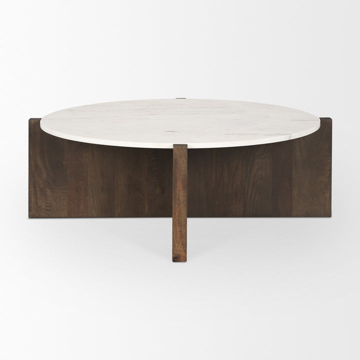 Bianca Dark Brown Wood w/ Marble Round Top Coffee Table Living Room Mercana