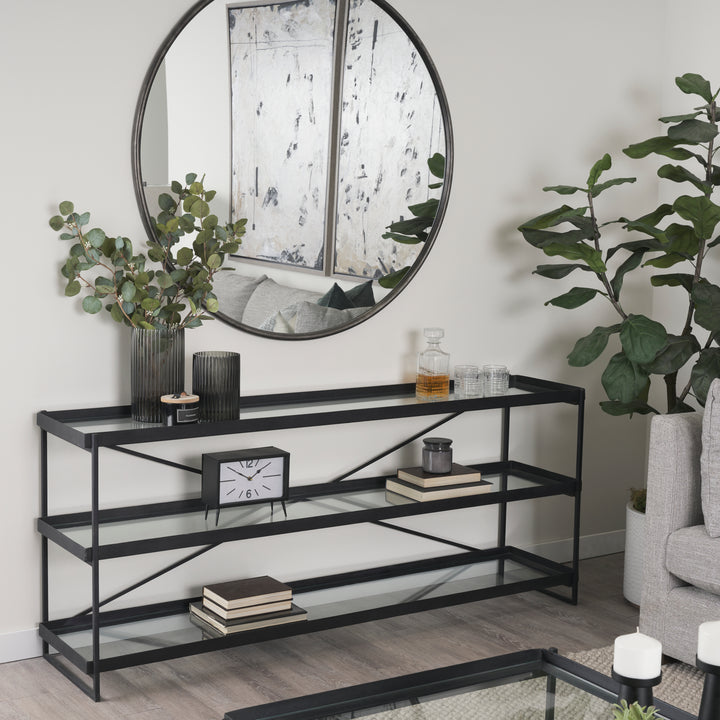 Trey 72.0"L x 16.0"W x 30.0"H Black Metal W/Glass Console Table Dining Room Mercana