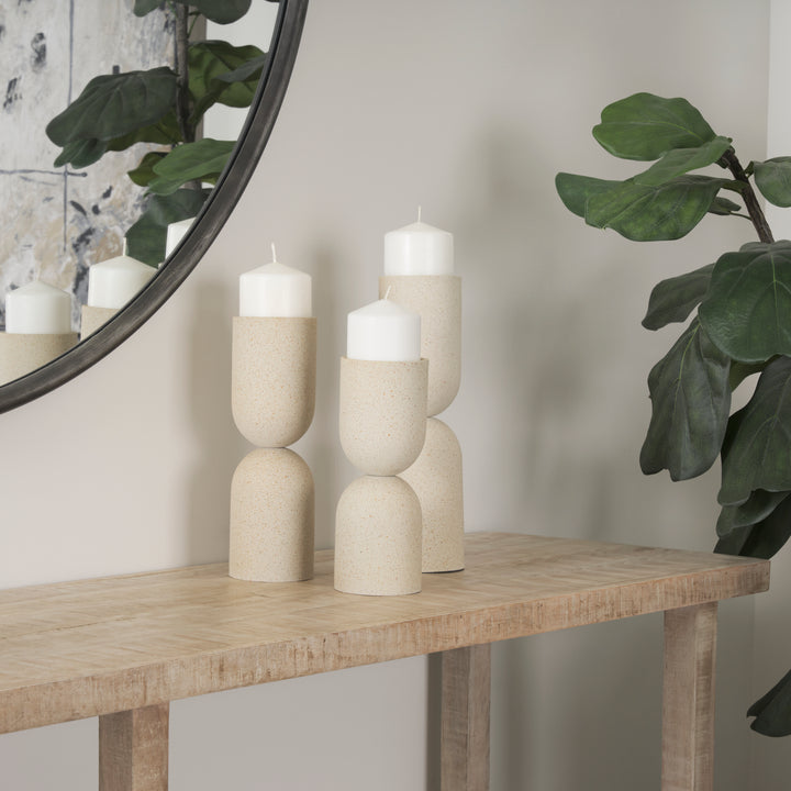 Qamra Short Beige Textured Metal Pillar Candle Holder Decor Mercana