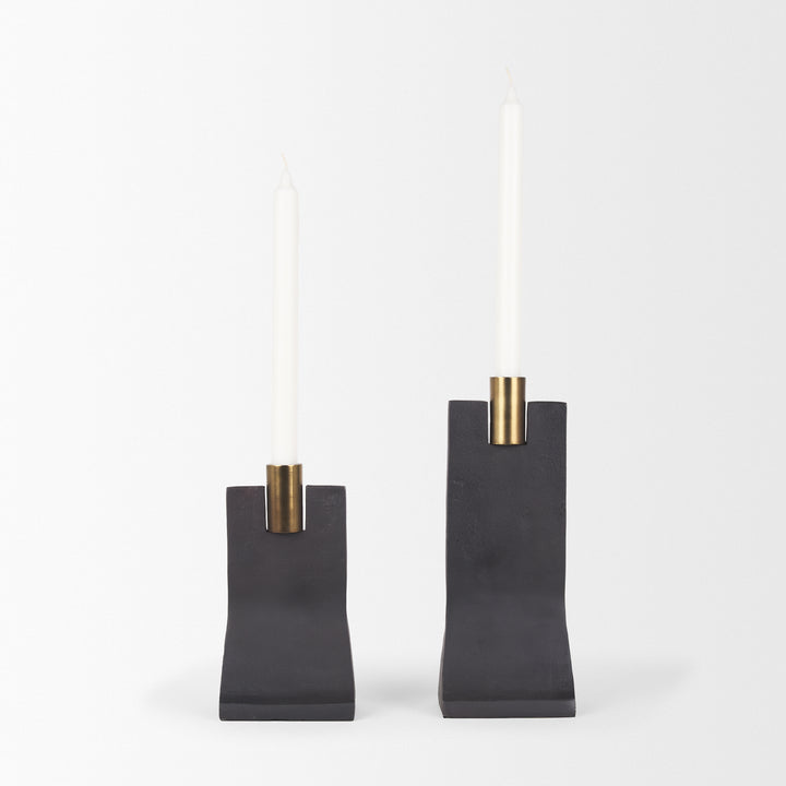 Polli Matte Black w/ Brushed Gold Metal Taper Candleholders (Set of 2) Decor Mercana