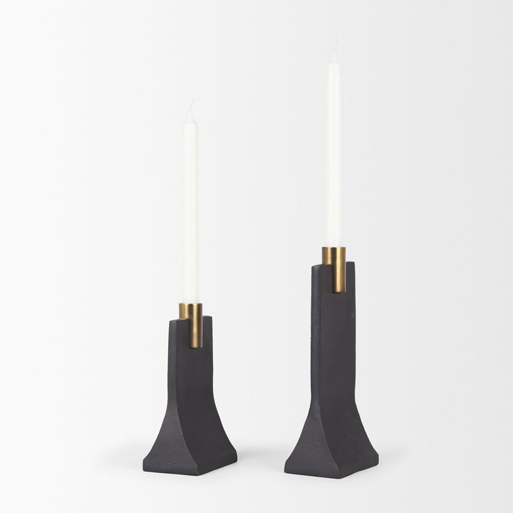Polli Matte Black w/ Brushed Gold Metal Taper Candleholders (Set of 2) Decor Mercana
