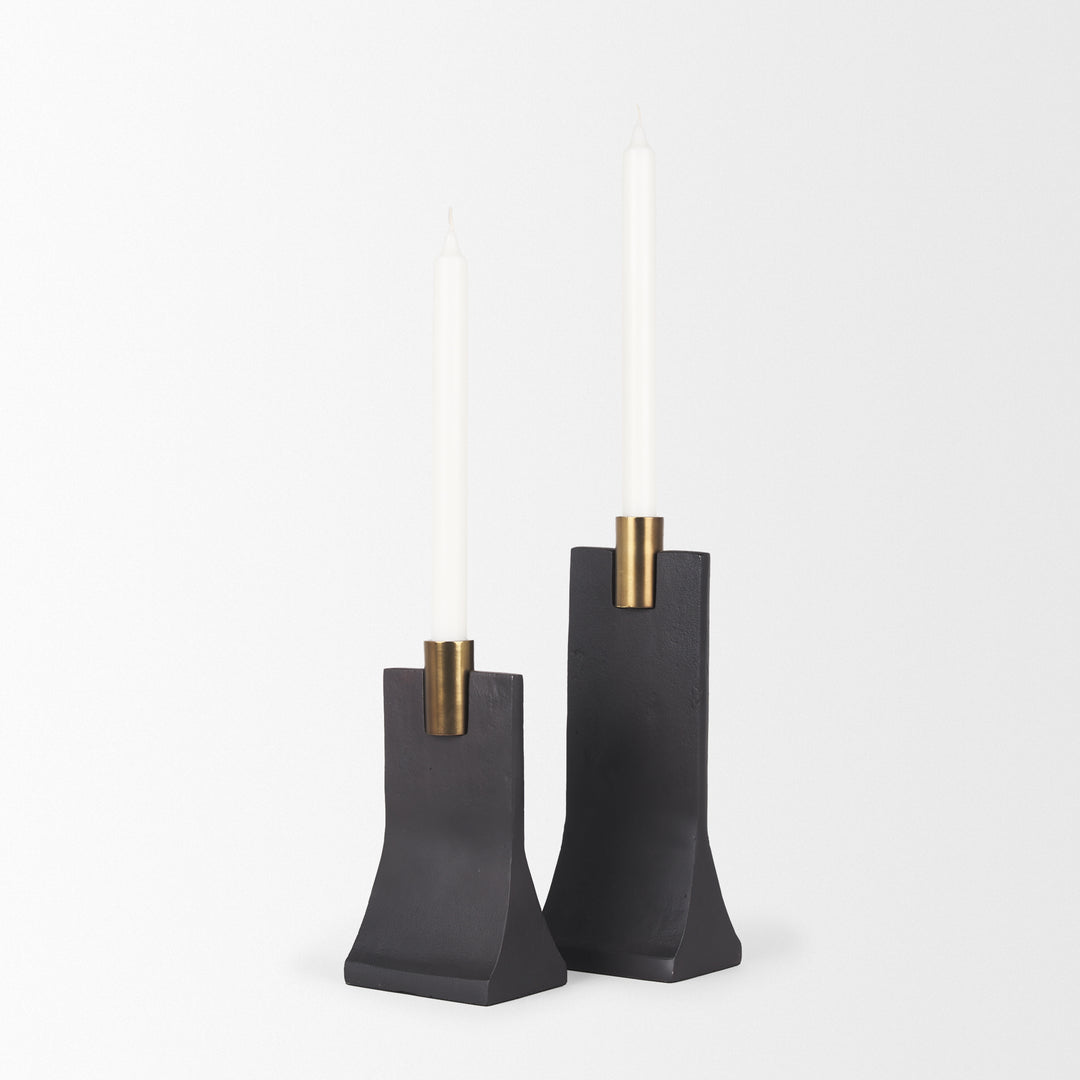 Polli Matte Black w/ Brushed Gold Metal Taper Candleholders (Set of 2) Decor Mercana