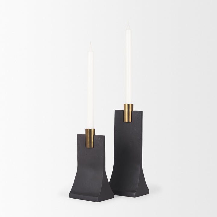 Polli Matte Black w/ Brushed Gold Metal Taper Candleholders (Set of 2) Decor Mercana