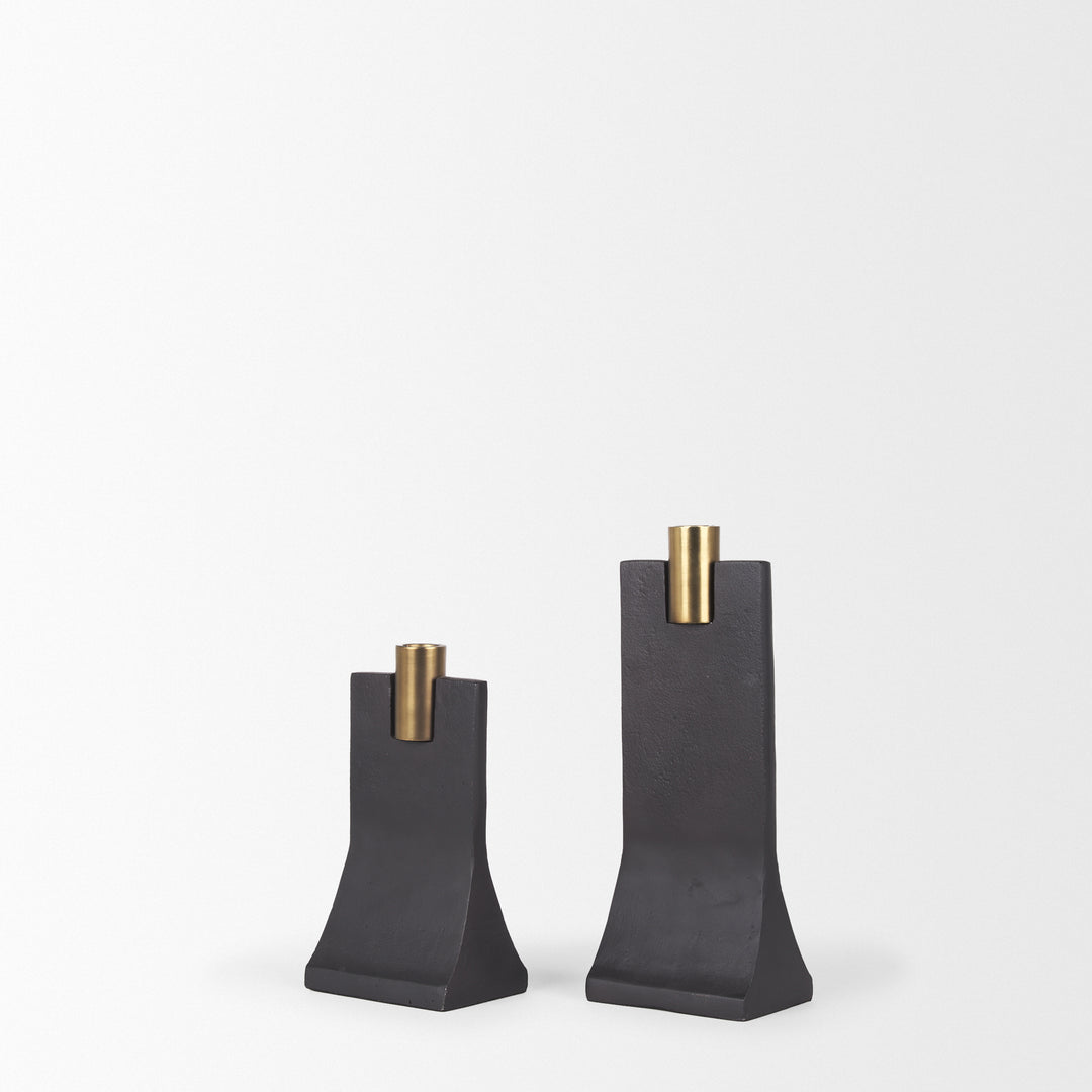 Polli Matte Black w/ Brushed Gold Metal Taper Candleholders (Set of 2) Decor Mercana