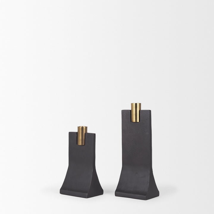 Polli Matte Black w/ Brushed Gold Metal Taper Candleholders (Set of 2) Decor Mercana