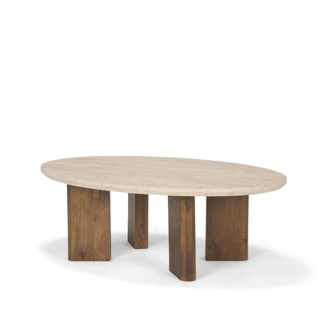 Syona Travertine + Mango Wood leg Oval Coffee table Living Room Mercana