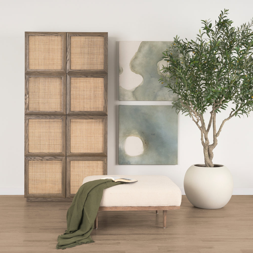 Shae Brown Wood w/ Oatmeal Fabric Ottoman Living Room Mercana